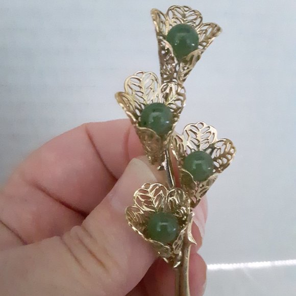 Green Cabochon Gold Tone Filigree Pin Brooch - Picture 2 of 6